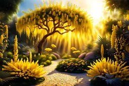 yellow, gold light effects colors, magic garden with mimosa tree, highly detailed, high contrast, 8k, high definition, realistic, concept art, sharp focus