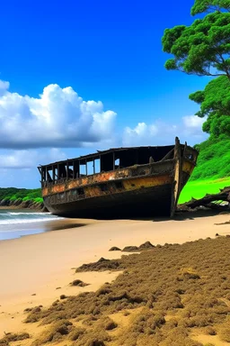 A shipwreck on a beach that has a kuo-toa camp on it