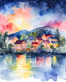 water color new year night watercolor painting, colorful, fireworks in sky,