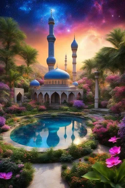 a islamic beautiful fairy garden, islamic mosque emerges, radiating vibrant luminescent hues against amazing magic cosmos. Its otherworldly form is a bright iridescent colours, that shimmer like precious gems and intricate patterns that seem to dance with life. The image captures every intricate detail of this vivacious picture, showcasing its celestial beauty in stunning high-definition