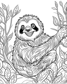 create a 2d black outline, "safari smiling cartoon sloth on a branch coloring book for kids", coloring page, low details design, black contour, coloring page design, simple background, colorful , card style, coloring page for kids, white background, sketch style, safari landscape, cartoon style