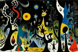 Black warped woodlands with dead trees and shadow monsters painted by Joan Miro