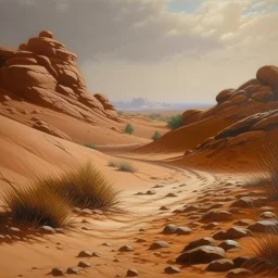 A brown dunes with a rocky road painted by Henri Robert Bresil