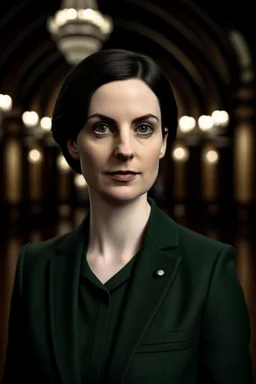 beautiful portrait of a 20s female politician with dark hair entering parliament. She has dark green eyes and pale skin