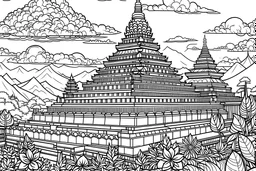 please make a coloring book page for children aged 4-7 years, with a picture of the Borobudur temple, but make the picture simple