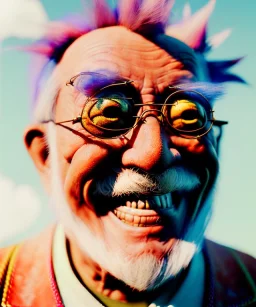 Ultra Realistic photo, medium shot view, drunken sweet happy old Asian man, carnival scene, monster hair, steampunk style. Red hair, confeti, smile, happy, festival, ovnis, gradient color fog. highly detailed, concept art, unreal engine 5, ray tracing, RTX, lumen lighting, ultra detail, volumetric lighting, 3d, finely drawn, high definition, high resolution.