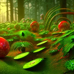 vivid green and red venus flytrap, snapping at shiny gold coins, in a dense forest, focus on the flytrap, 3D art, low poly, tiltshift, 4k, --ar 16:9