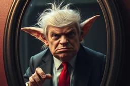 Trump as hairy tradigrade gremlin fat vampire semi transparent in front of mirror