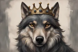 ohn william waterhouse style, a One-eyed wolf with a crown upon his head
