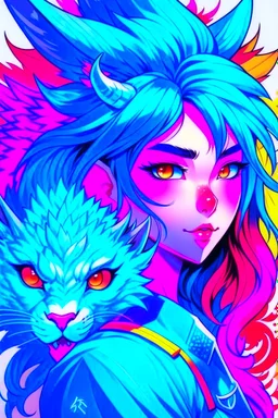 A dragon mixed with a mythical lion and a human female elf.Dramatic and powerful look and feel. Extensive attention to details. Bold lines. Vivid colors. 80s style retro anime art. Double exposure. cartoon style. cubism style