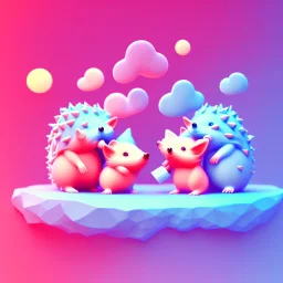 isometric clean art of two super cute baby kawaii style hedgehogs in love, soft lighting, soft pastel gradients, high definition, 3d icon clay render, blender 3d