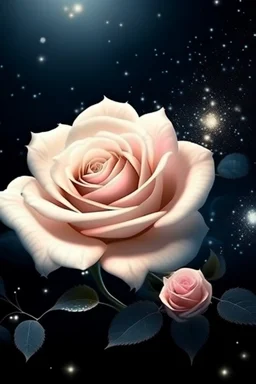 delicate creamy rose, night, bright stars, shine magic