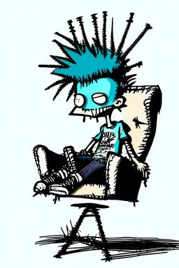 2d drawing of a stickman, cool with punk hair, sitting on lazy boy chair ,3d realistic in colour