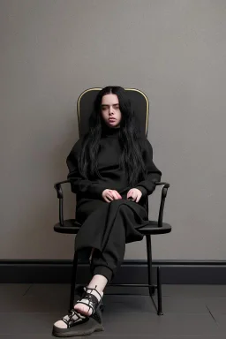 Billie Eilish, sitting on a chair, Black Short Dress, high detail, realistic, 8k