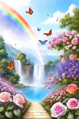 Trés belles roses, rainbows, beautiful colors gardens , flowers, cascades,Birds, butterfly