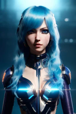 Cyborg anime assassin, light blue hair, blue eyes, waist up portrait, 8k resolution, intricate details, ornate details, soft lighting, vibrant colors, retroanime, masterpiece, intricate eyeliner, dark eyeshadow, eyes, intricate tattoos, futuristic cityscape background