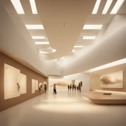 Museum design with “interactive exhibition halls”, natural lighting, modern style, earthy colours