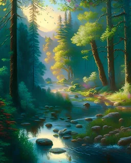 a painting of a serene forest with a river running through it, in the style of Bob Ross, Thomas Kinkade, and Albert Bierstadt, peaceful and calming, intricate details, vibrant colors, 4k resolution
