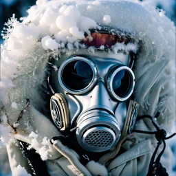 close up documentary photography, Yeti In a Respirator, Dystopian, Extreme depth of field, bokeh blur, winter, blizzard, Alberta, all-natural, in the style of candid, imperfection, natural lighting, light-focused, Professional shot, shot on Agfa, Fuji Film, 1980s, taken with Hasselblad --ar 4:5 --w 150 --style raw