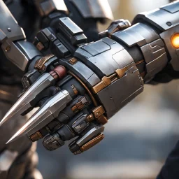 bokeh close up detailed view: The fingers are encased in sleek, metallic armor, each joint articulated for precision and power (rusty and bloody). Embedded along the forearm are pulsating veins of energy, feeding directly into the weapon and enhancing its deadly potential. In the grip of this hand is the power blade, a stunning creation of futuristic warfare. The blade itself is a marvel of craftsmanship, its edge razor-sharp and crackling with energy. The tenses of the hand around the hilt, the