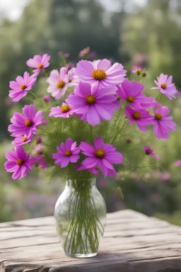 Bouquet of cosmos in vase outdoors