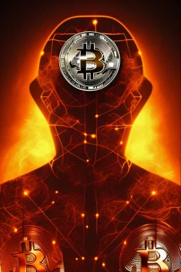 men in the bitcoin brain, Fire theme art, Dark moody night atmosphere, , 8K, close-up face, anatomically perfect face