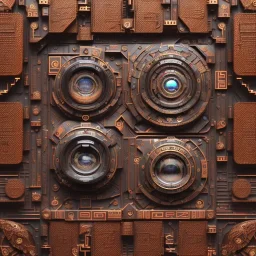 futuristic pinhole camera in Kente, rusted clocks lens, cinematic, scaffolding, african pattern symbols, engraved, cinema 4d, 3d render, corona renderer, 8k quality