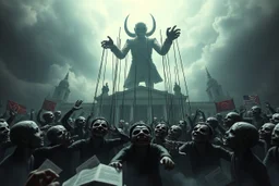 an evil government looms above, pulling the strings of puppets below, the news broadcasts the puppets' suffering everywhere, dystopian, dread, horror