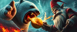 epic movie poster, fire drop polar bear vampire eating thunder melon with thumbs up grabbed by throat vs gnome goblin rock priest zombie war lord, fish eye lense