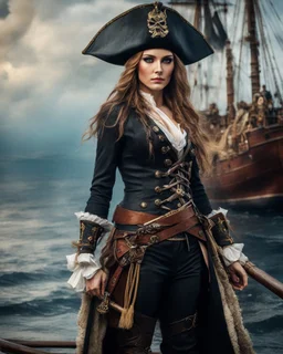 A length image fullbody photography realistic cinematic color beautiful russia super model woman in a luxury black jack Sparrow pirates uniform,sweet pose,sail ship pirate background