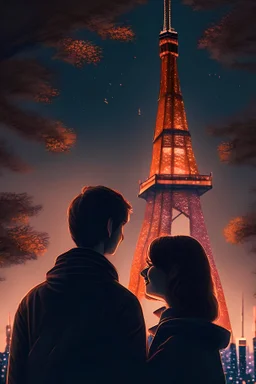 an american couple, in love, looking at each other, romantic, Tokyo tower, twilight, city lights, before dark, 4k, high detail, happy, digital art