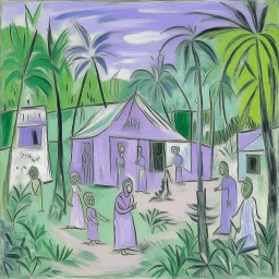 A light purple Hawaiian village in a jungle clearing painted by Pablo Picasso
