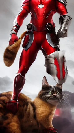 Iconic Cat-Man, red and silver, ultra-detailed armor, cat with eye mask, dynamic shot, richly saturated colors, full height, arms, legs, footwear, cinematic backlighting, hyper-realism, unparalleled detail, 8K, concept art, intricate textures , timeless masterpiece, enhanced AI, GAN, depth of field, neural network,