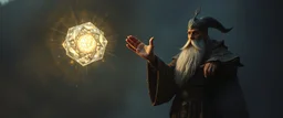 dwarven priest expert holding up a floating radiant Painite crystal rosette ball shooting radiant light through the fog