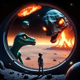 two sad characters gazing out of a spaceship window at a cratered burning close up 3d planet. On the left an thin alien with very pointy shape head and with x-shaped mouth, and on the right a bigg stronger dinosaur-like creature with big head sharp teeth. The background displays a dark space scattered with distant stars and three small explosions occurring on the planet's surface, adding a dramatic sense of action to the scene. realistic, detailed, cinematic, sci-fi