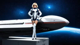 A photorealistic image of an adventurous pinup girl from the future, dressed in a tailored, full-body space suit, stands proudly beside her streamlined spaceship on a box. Her short, untidy, blond hair with bangs. The scene is framed by a cosmic expanse of stars and nebulas.