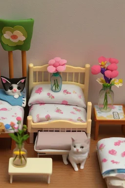 Sylvanian family cat and kitten hospital, hospital furniture, charts on beds, flowers in a vase on a table next to a bed