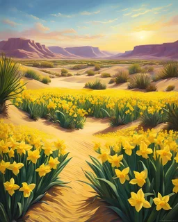 Title: "Daffodil Oasis" Prompt: Illustrate a lush oasis in the desert, where daffodils bloom amidst the sand dunes, their vibrant colors standing out against the barren landscape