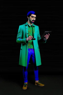 Modern guy, 20s, holding "ipad" in left hand, looks like a renaissance painting, walking forward, full body, "persian green coat", blue pants, "right hand in to the ground". "Front facing" "forward view" black background