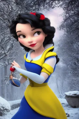 4K Ultra-HD, Hyper realistic, cinematic lighting -- Snow White, short, bowl-cut black hair, blue eyes, Yellow skirt, blue blouse with short poofy sleeves, extremely pail skin, Rose pedals, wild animals, Castle, Full body image -- 4k, stunning, dramatic lighting, dramatic background, cinematic, atmospheric, very detailed, historic, powerful, octane rendering, exquisite detail, 30 - megapixel, 4k, 85 - mm - lens, sharp - focus, intricately - detailed, long exposure time, f8, ISO 100, shutter - s