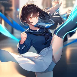 Clear focus,High resolution, Girl wearing a sailor uniform, Kicking pose, lighting around her, straight face