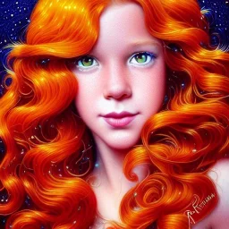 teen Robyn Lively, her striking perfectly detailed clear eyes, her perfect, precisely detailed lightly freckled face, meticulously detailed long curly multi-hued ginger carrot cherry fire red hair, luminous colorful sparkles; by james r. eads, gawki, rajewel, tania rivilis, dan mumford, lisa frank, artgerm, greg rutkowski, alphonse mucha and william-adolphe bouguereau; glitter, airbrush, octane render, volumetric lighting, 16k, photorealistic digital painting, artstation, smooth, sharp focus