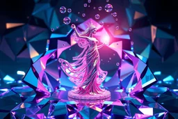 very complex structure ,pretty viberating color environment 3d metalic and crystal recursive animating beveled geometric base very complex structure emiting mirror bubbles that broke, goddess of love in a pretty cleric dress comes out dancing gracefully , viberating color moving very in modern city escape environment while camera tracking it.