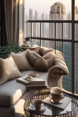 a wicker rattan sofa with silk and lace cushions , a glass-topped coffee table, an open book on top and a china coffee cup on the balcony of a luxury apartment, with a view of the luxury apartment through a large glass window in the background