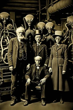 1900's steampunk black and white vintage photo, interior, working (alien) organ manufacturing factory warehouse, unhappy and angry,stange long grey alien human hybrid creature with a family that is super sad, captured on square format film, grainy brown, aged, old men depressed, tired