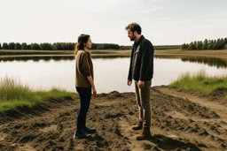 A picture of two people exchanging criticism in a constructive and respectful manner, standing on a land surrounded by dirt, and behind them a lake