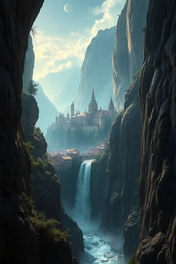 a waterfall falling upon a medieval city at the end of a steep, narrow, 3.000 feet tall ravine. a masterpiece, fantasy concept art, dynamic lighting, hyperdetailed, intricately detailed, deep color, Unreal Engine, volumetric lighting, Epic cinematic brilliant stunning intricate meticulously detailed dramatic atmospheric maximalist digital matte painting