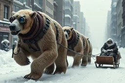 irradiated polar bear mutant creatures in harnesses pulling a sled carrying a man dressed in steampunk snow goggles, head-wrapping, and heavy robes; middle of a street in an empty destroyed crumbling city, post-apocalyptic winter dystopia,, massive snow drifts, ice particles, dramatic