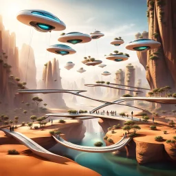 In this futuristic scene, houses are perched on levitating stones, interconnected by suspended bridges. The ethereal setting combines the architectural charm of floating homes with the structural elegance of hanging bridges, creating a harmonious blend of innovation and fantasy. Including Watherfalls. The Scene are in the desert. In the Sky has spaceship