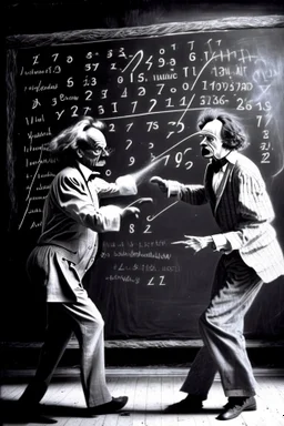 Albert Einstein and Richard Feynman fighting eachother for numbers on a blackboard with magic